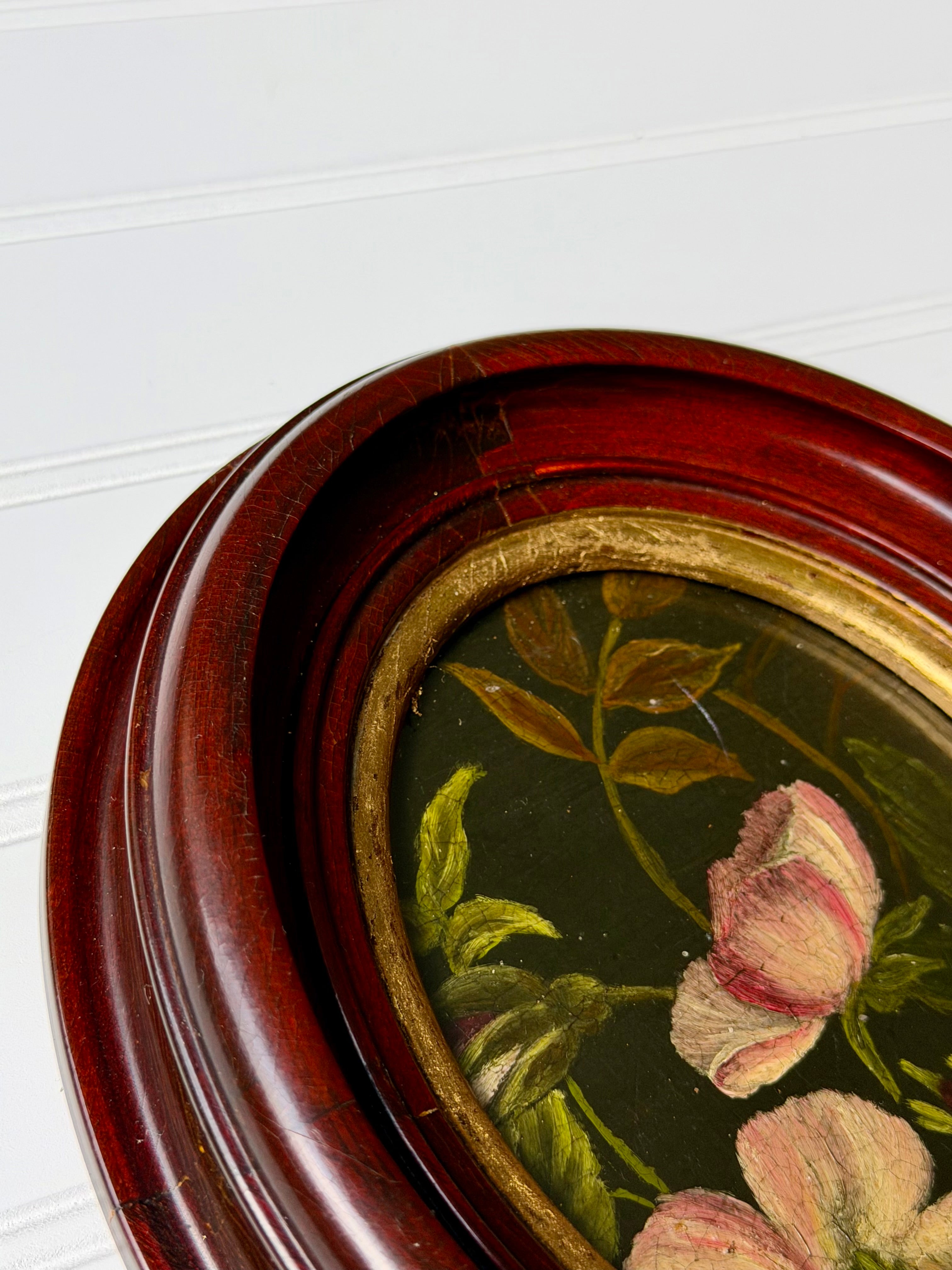 Set of 2 Oval Oil Downsized Floral Paintings