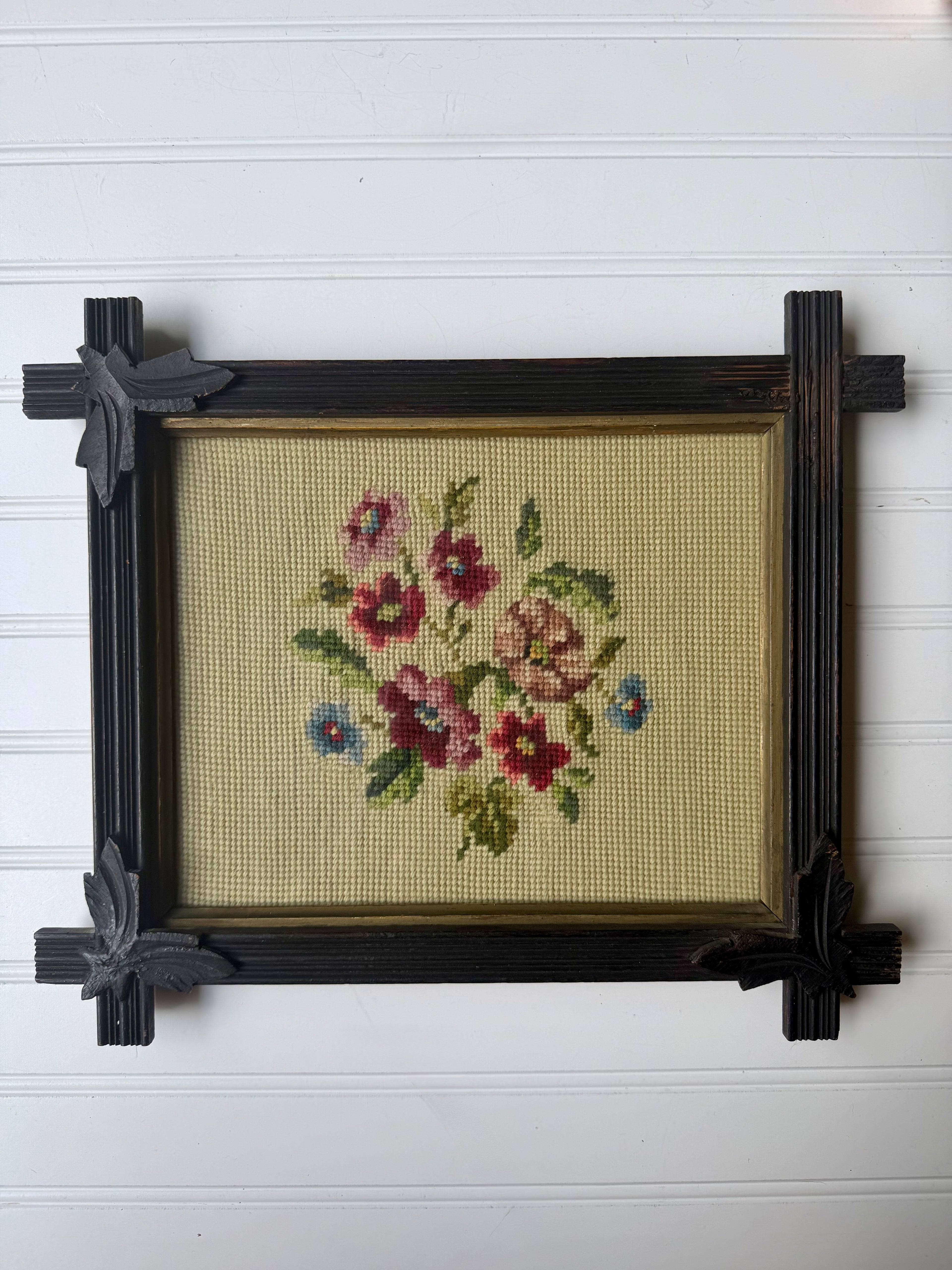 Antique Needle Work in Black Forest Frame