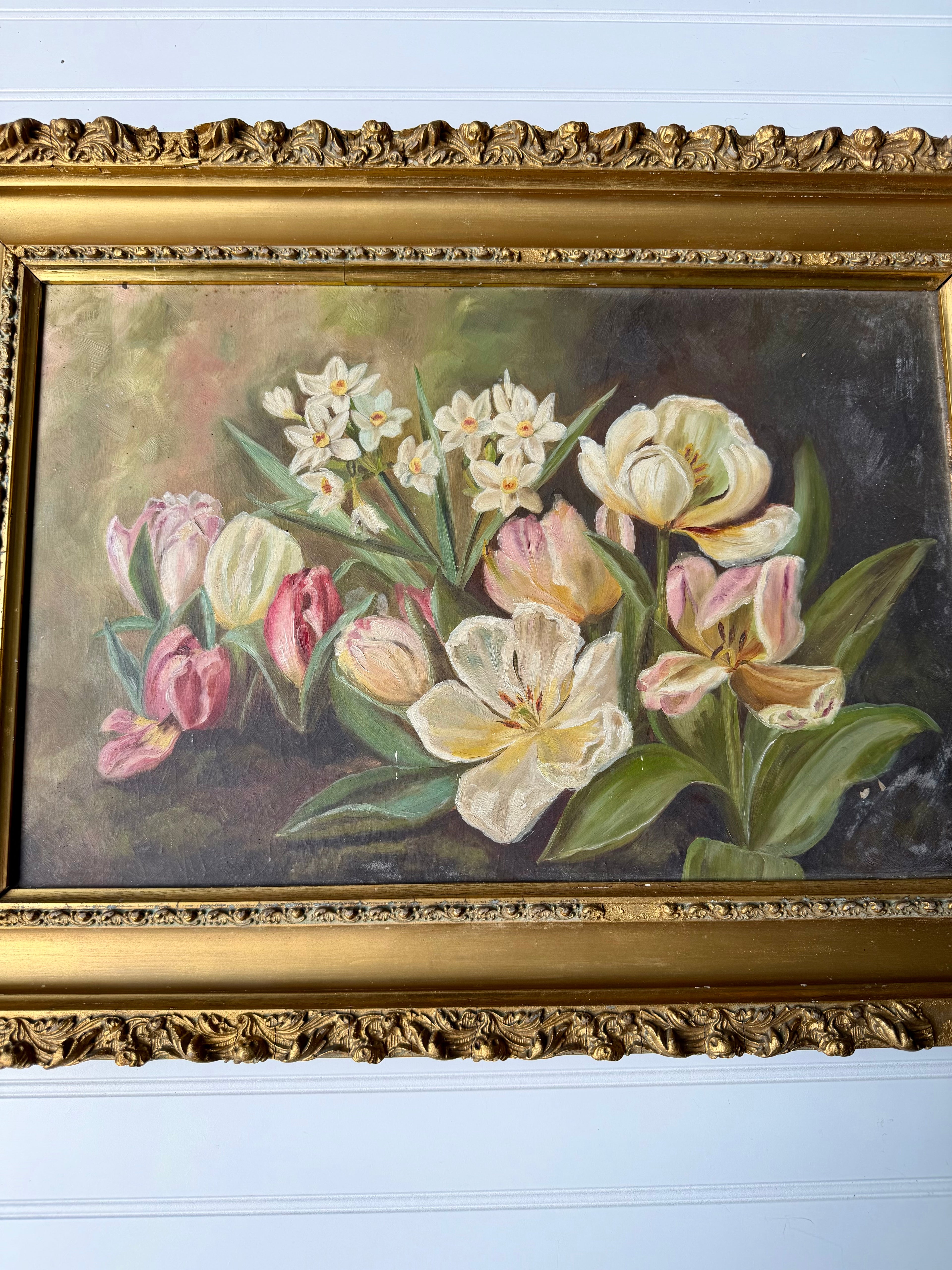 Antique Oil on Board featuring Tulips and Paper Whites