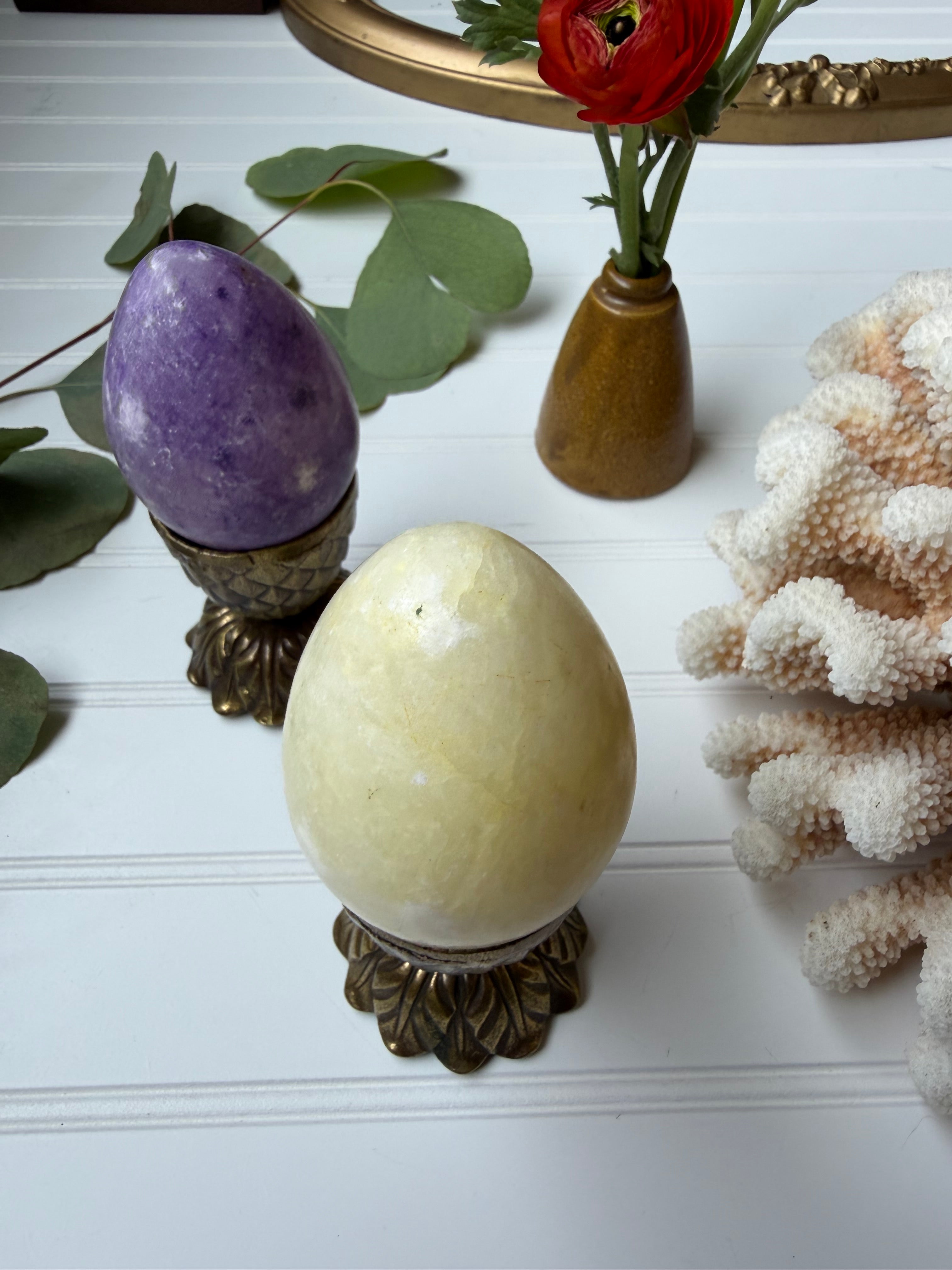 Soft Yellow Alabaster Egg w/ Brass Stand