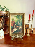 Antique Framed Oil Painting: Rustic Red Watermill Landscape with Birch Trees
