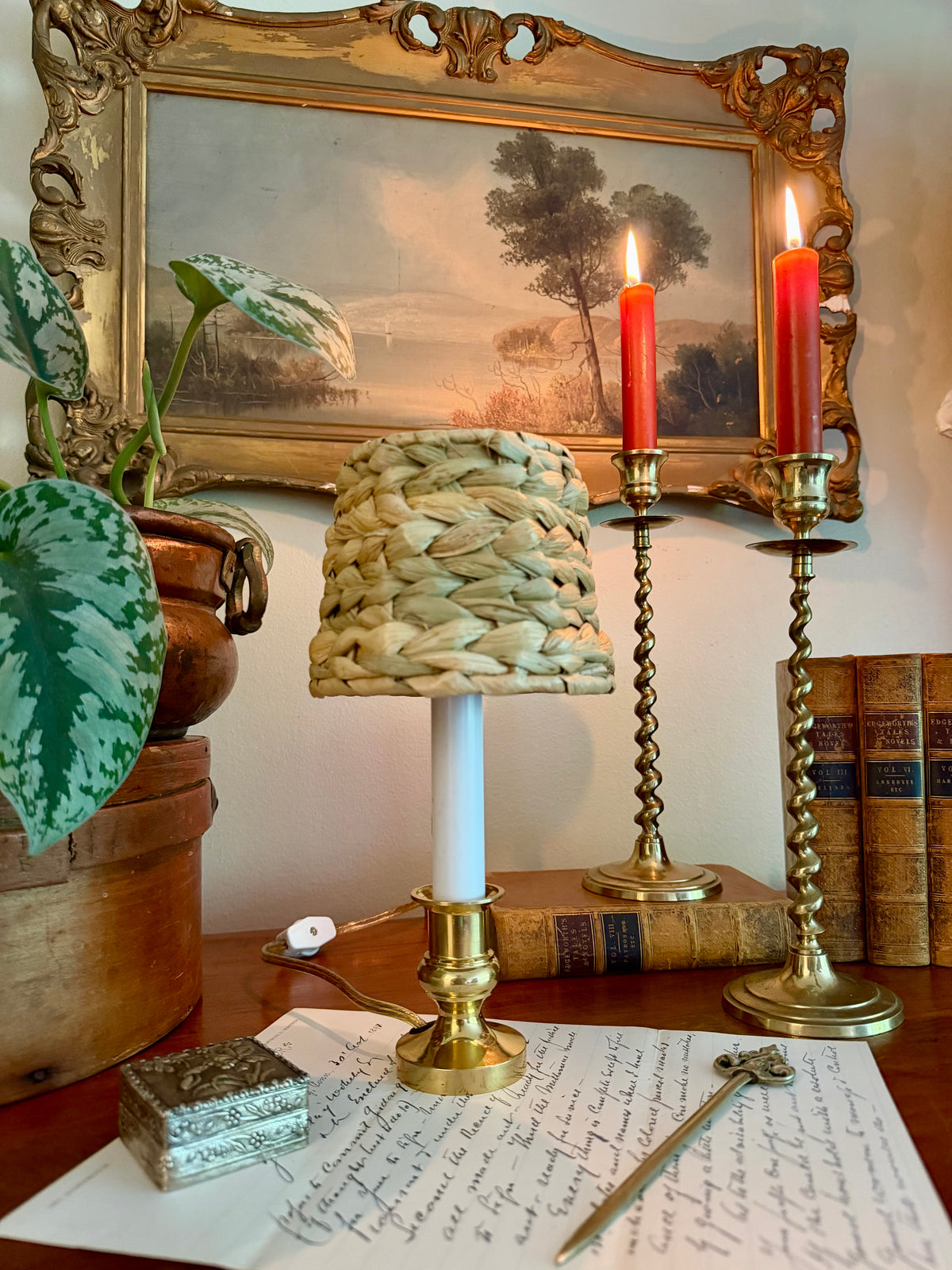 Brass Candle Lamp with Seagrass Shade