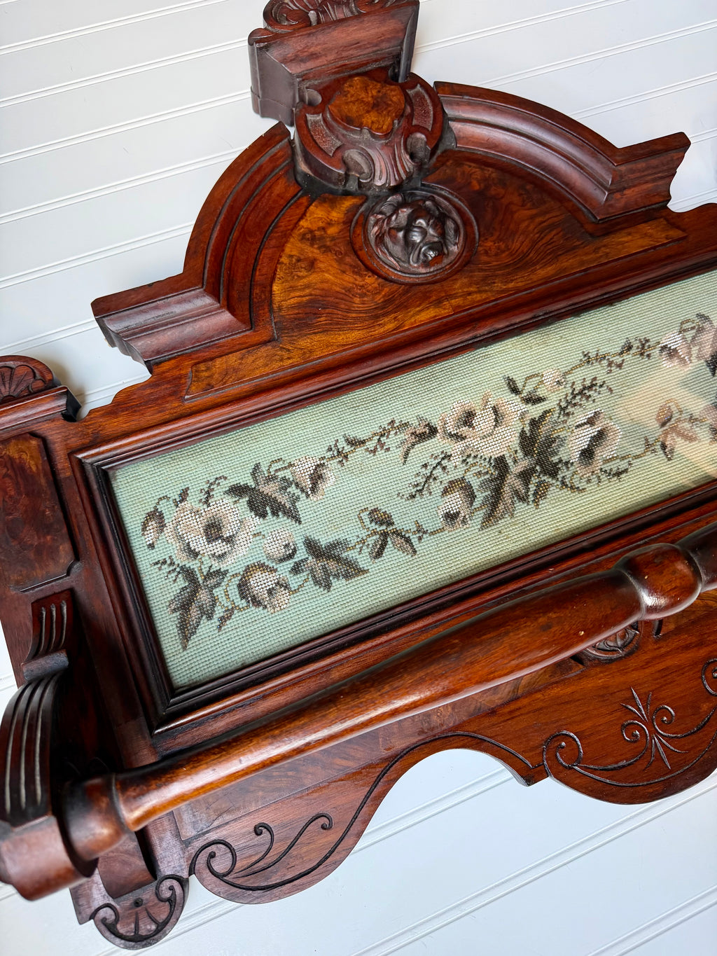 Victorian Towel Rack with Bead Work and Lion Head