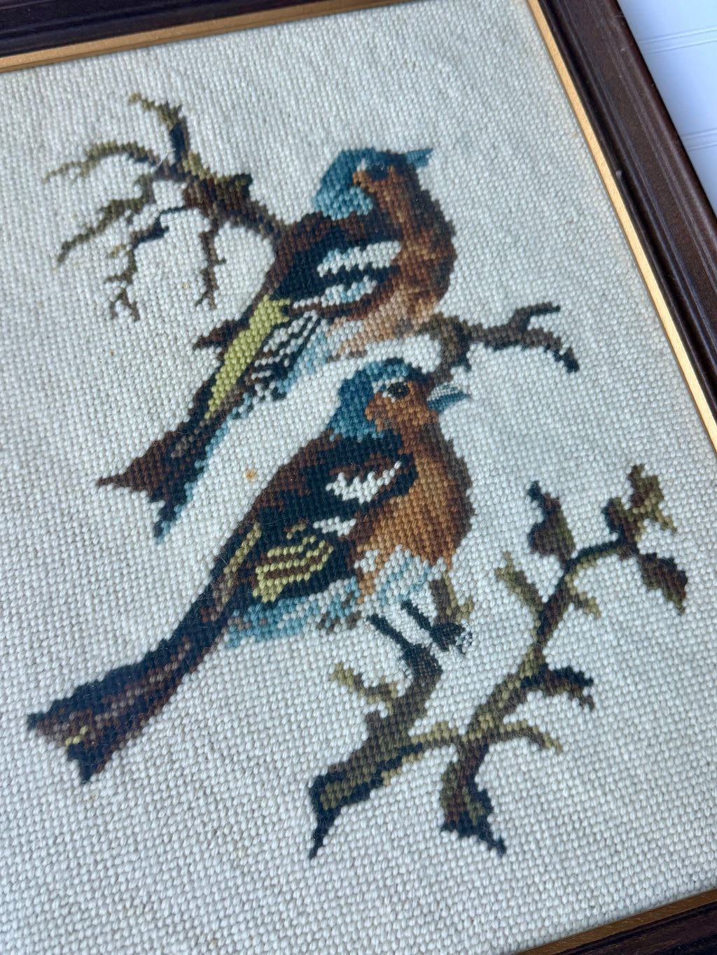 Framed Vintage Hand-Stitched Bird Needlepoint