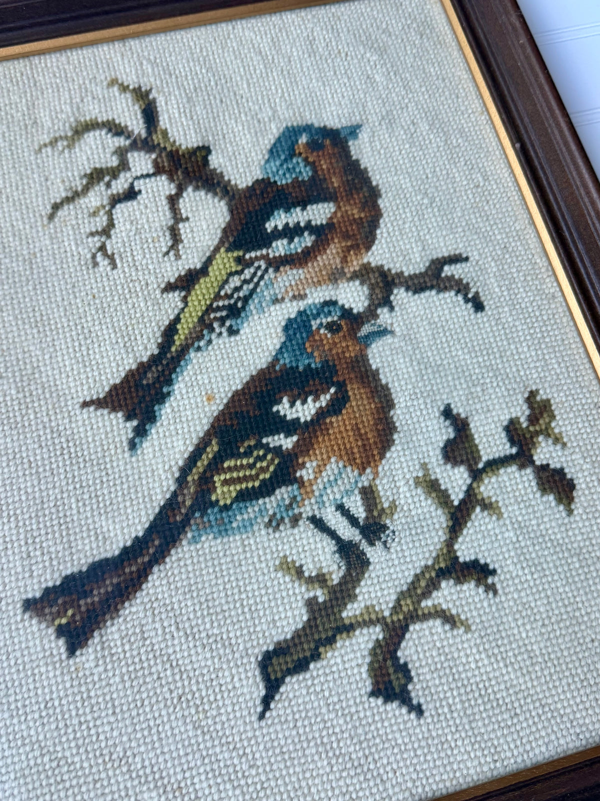 Framed Vintage Hand-Stitched Bird Needlepoint