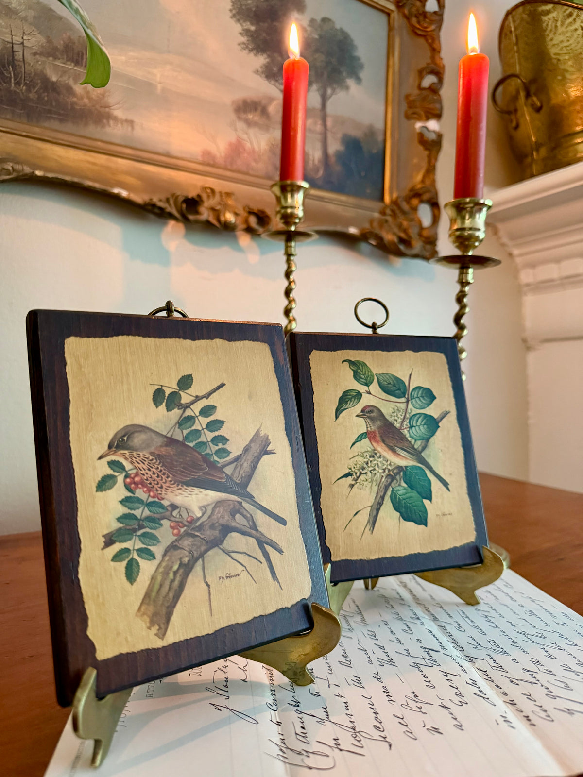 P.H. Gonner Birds on Wood Plaque w/ Brass Wall Hangers