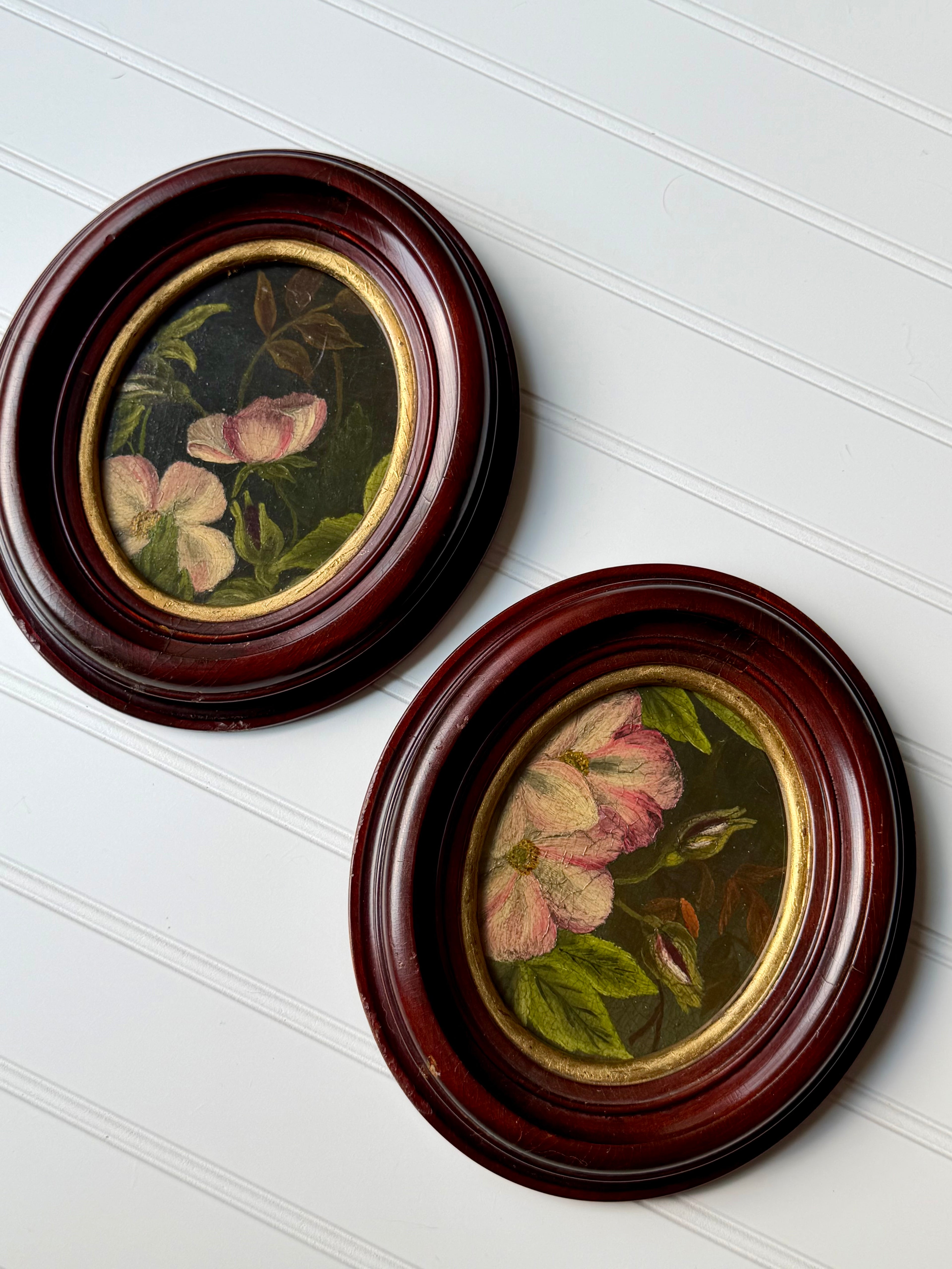 Set of 2 Oval Oil Downsized Floral Paintings