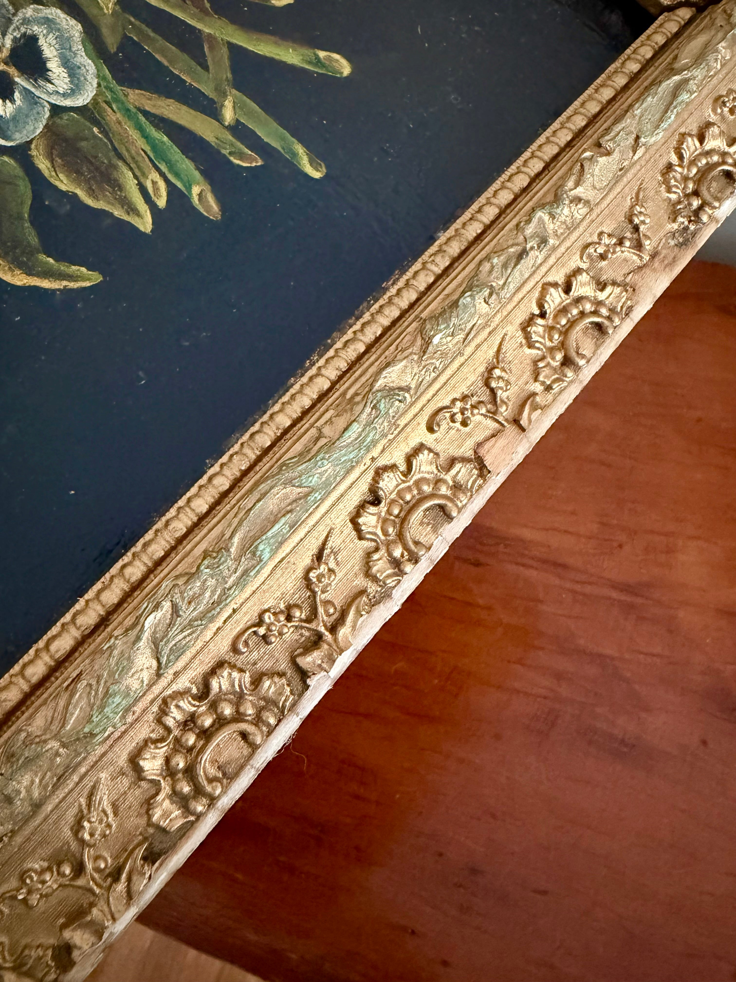Antique Floral Painting on Wood with Lillies