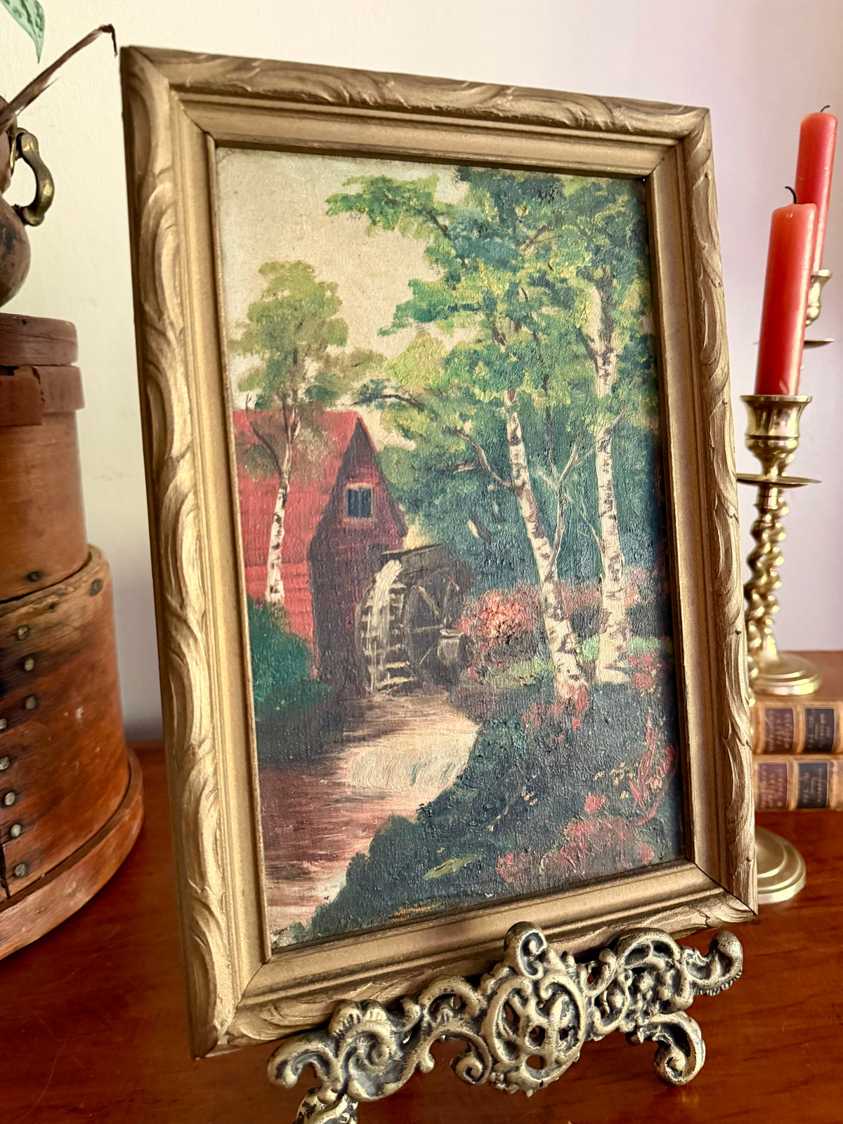 Antique Framed Oil Painting: Rustic Red Watermill Landscape with Birch Trees