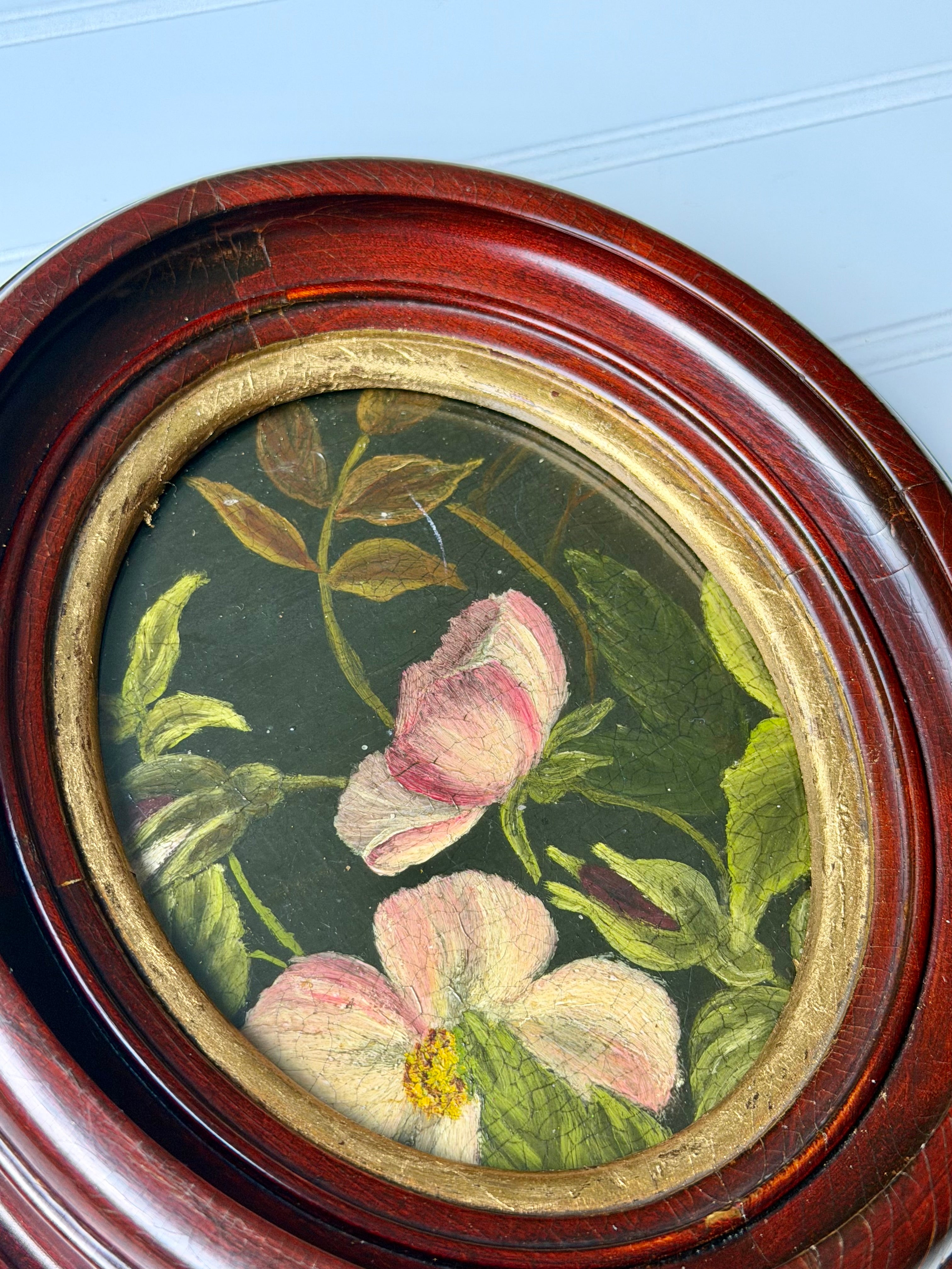 Set of 2 Oval Oil Downsized Floral Paintings