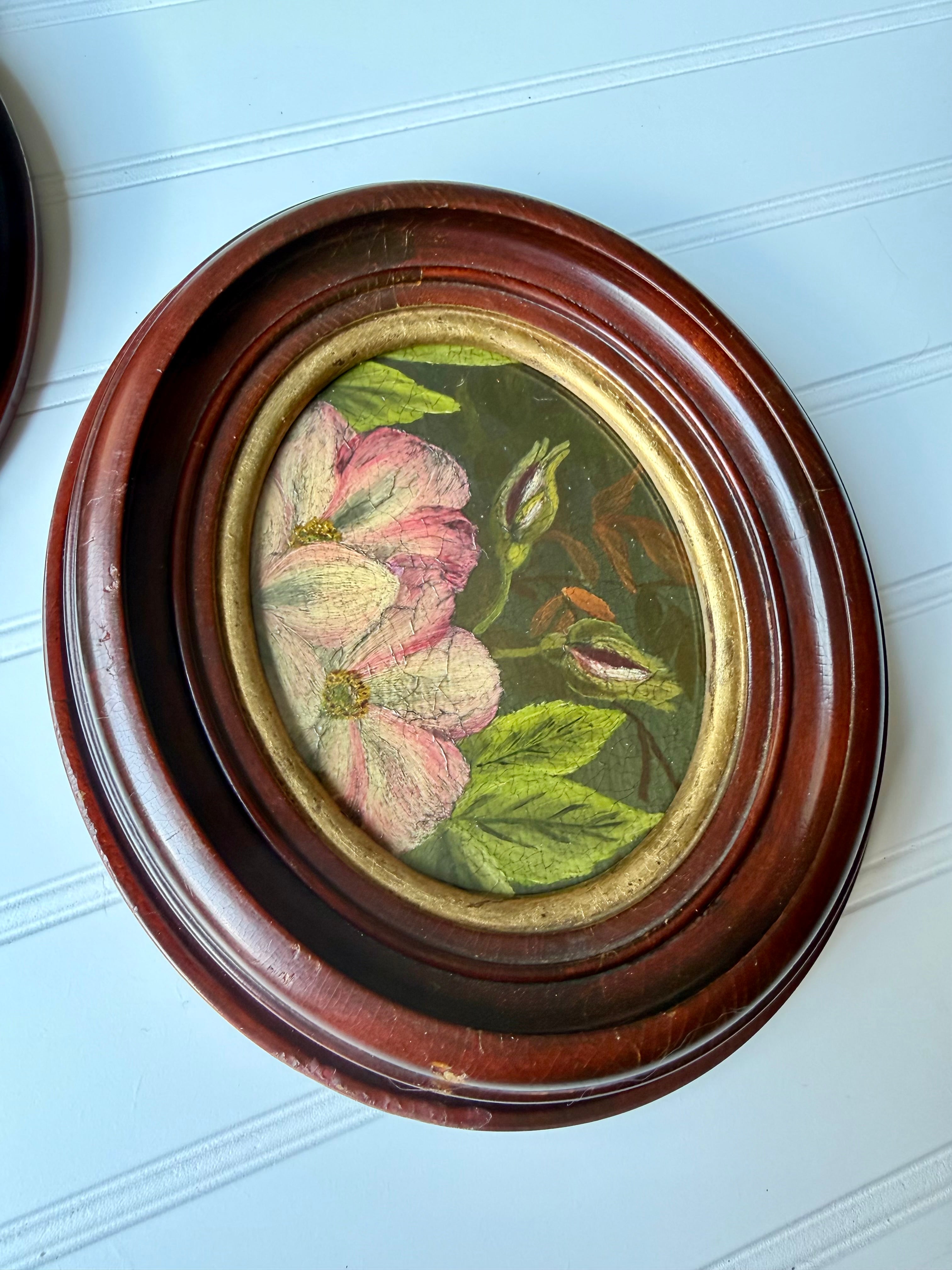 Set of 2 Oval Oil Downsized Floral Paintings