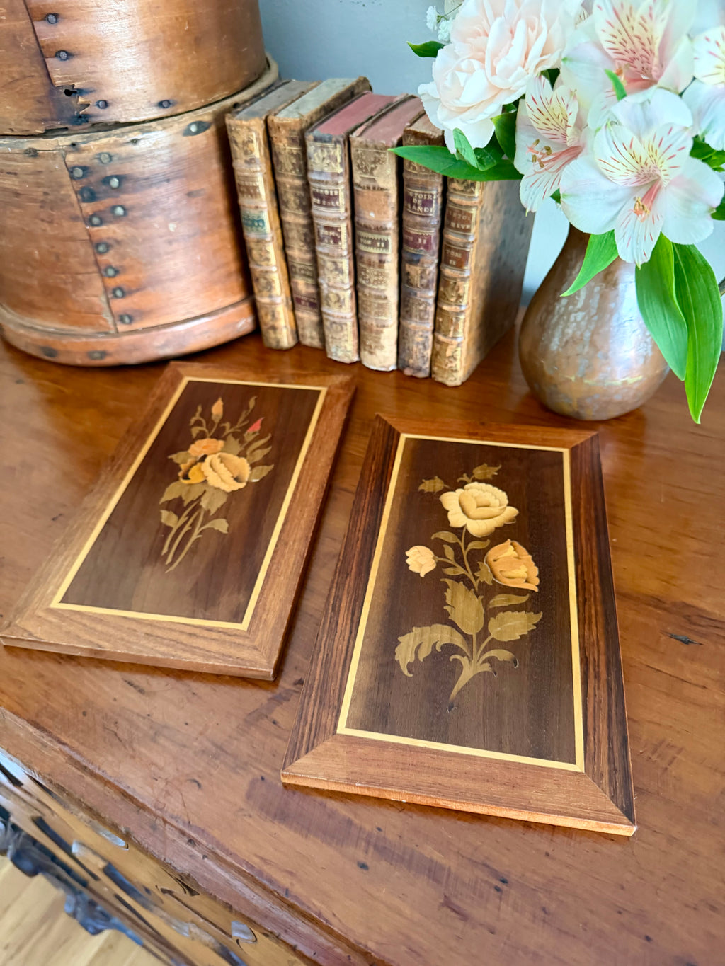 Set of 2 Italian Marquetry Wood Inlay Floral  Wall Panels
