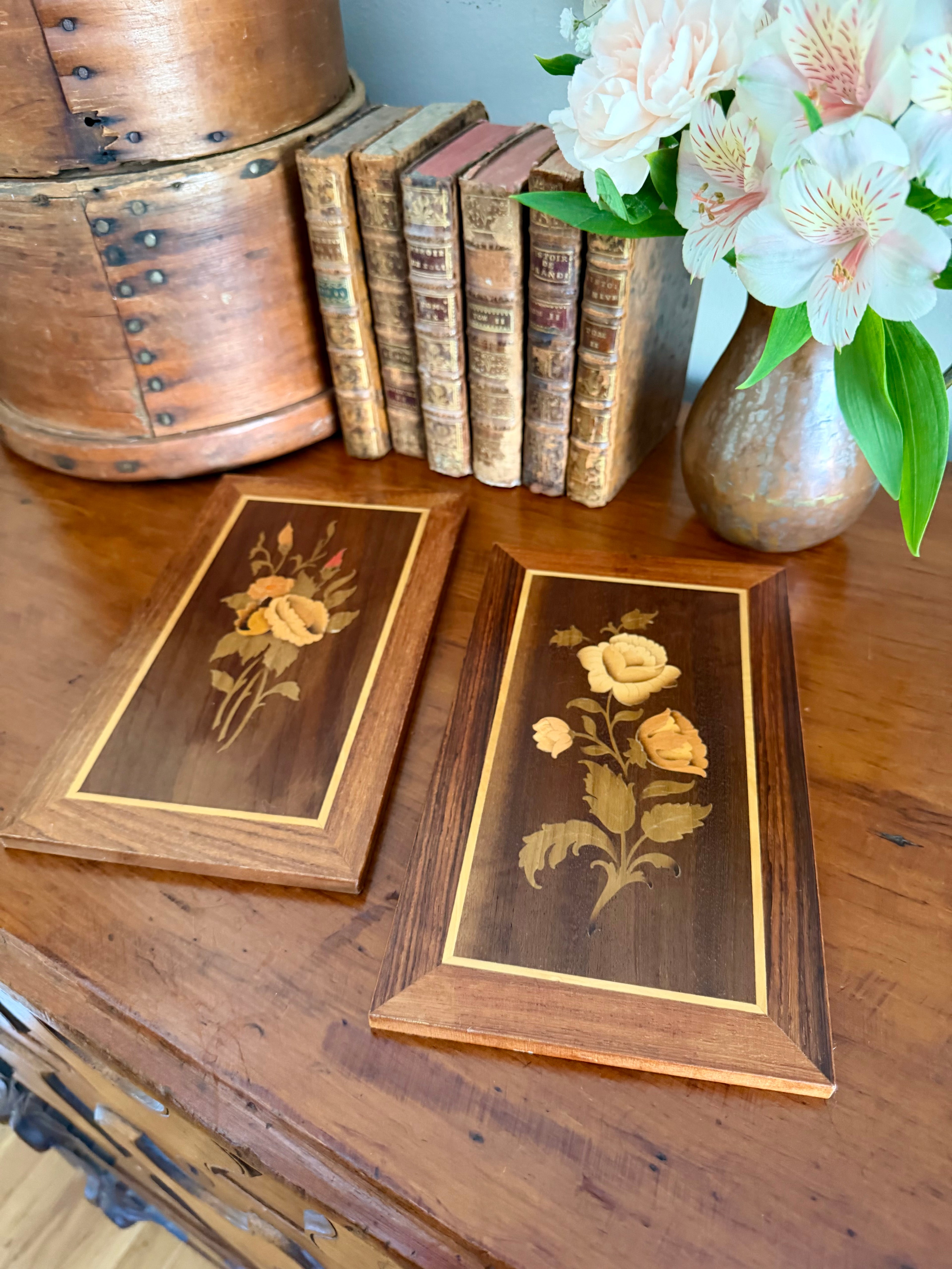 Set of 2 Italian Marquetry Wood Inlay Floral  Wall Panels