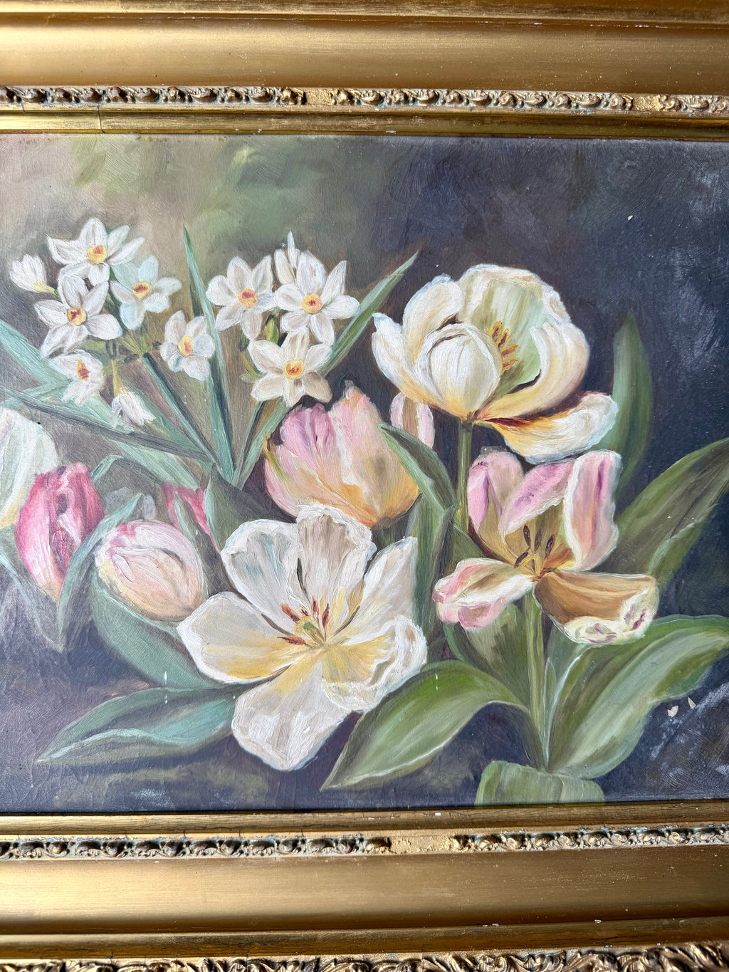 Antique Oil on Board featuring Tulips and Paper Whites