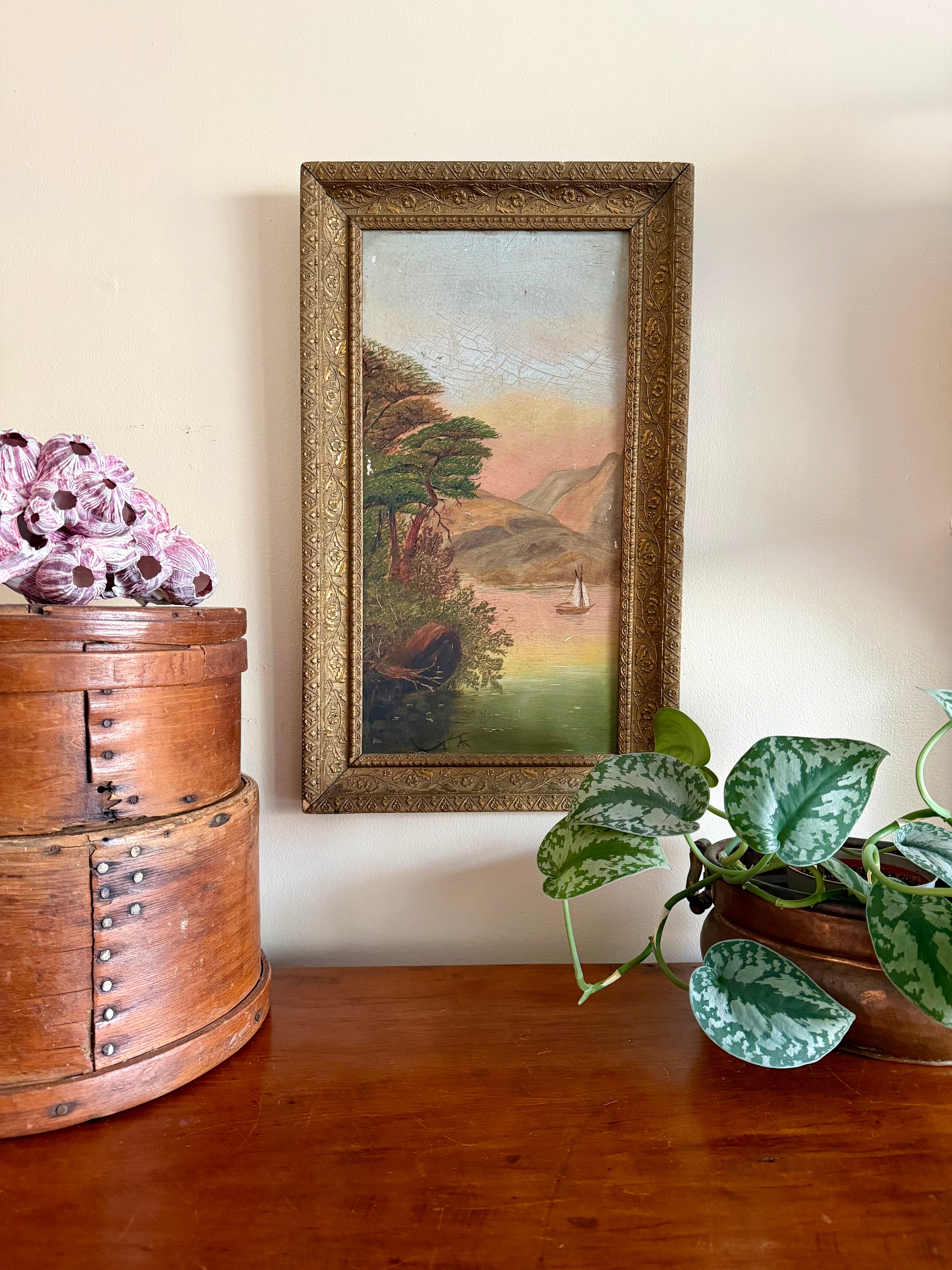 Antique Oil on Board Sunset Landscape