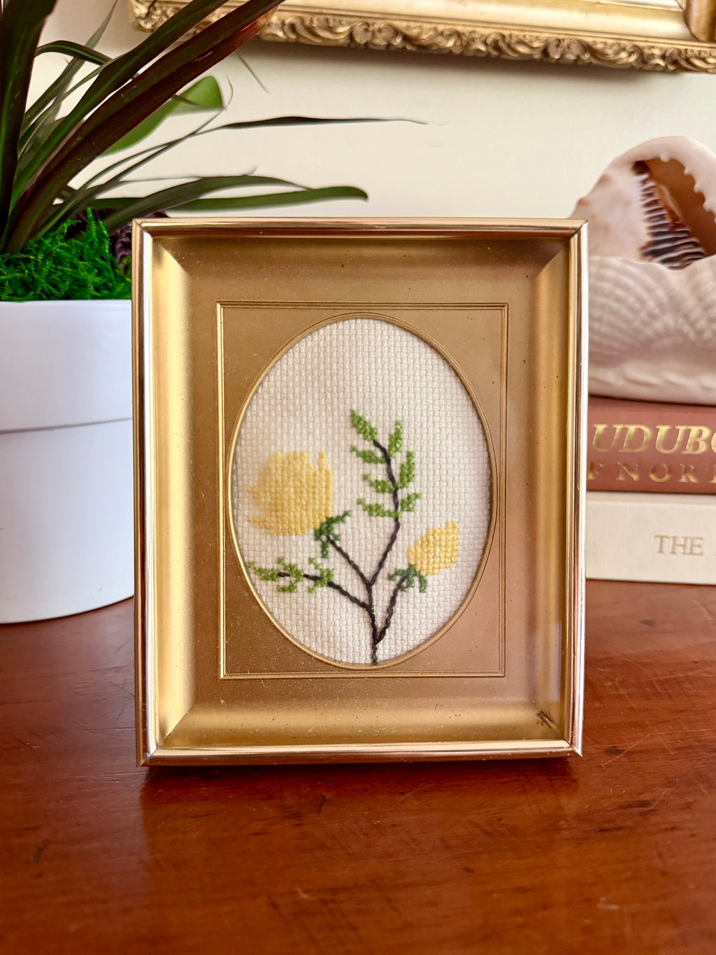 Vintage Needlepoint in Brass Frame