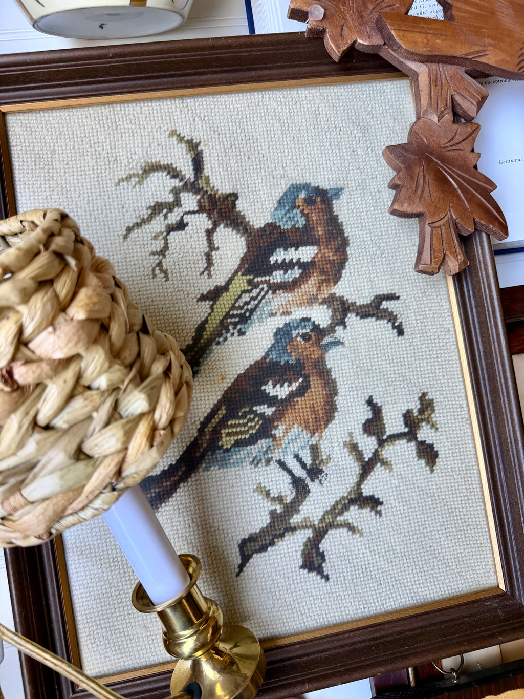 Framed Vintage Hand-Stitched Bird Needlepoint