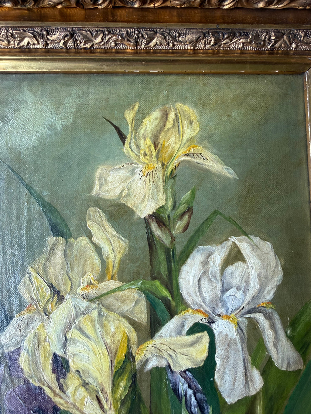 Antique Iris Oil on Canvas in Deep Guilt Frame