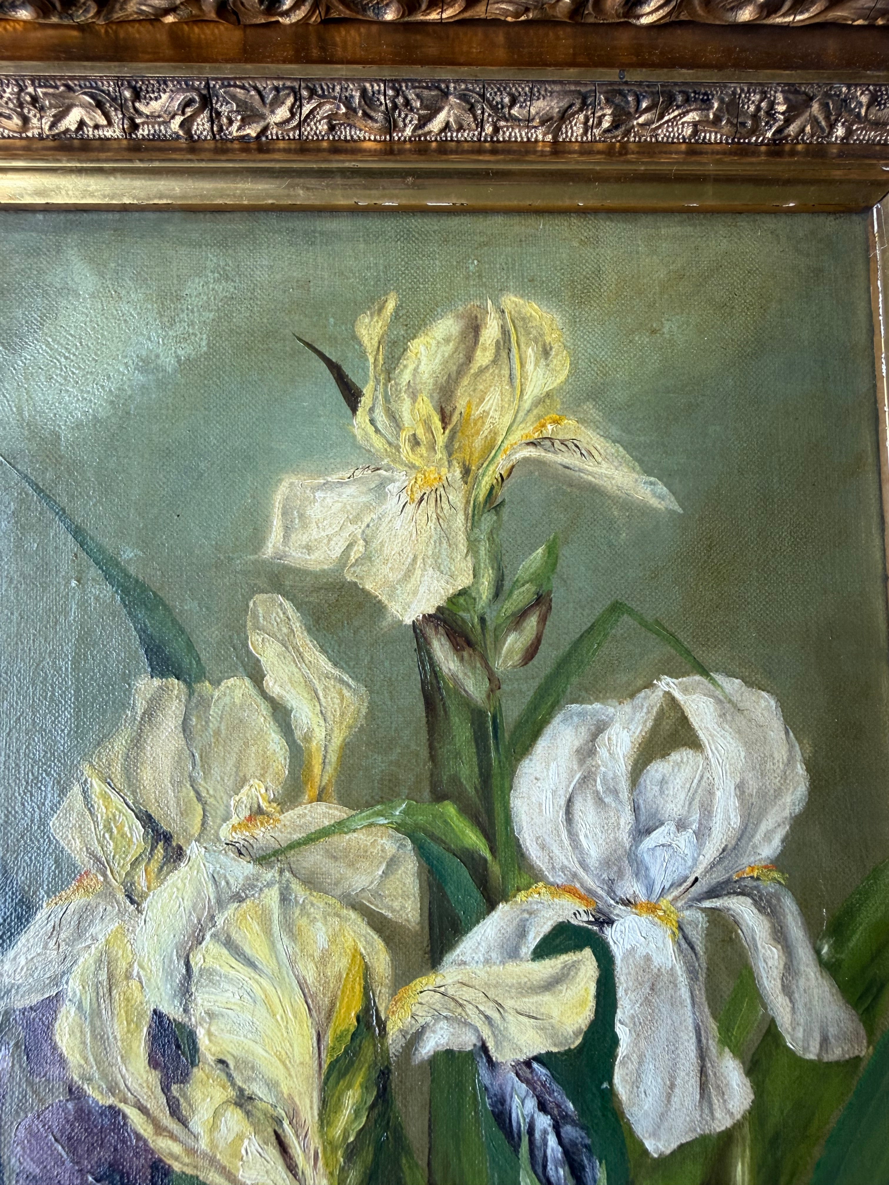 Antique Iris Oil on Canvas in Deep Guilt Frame