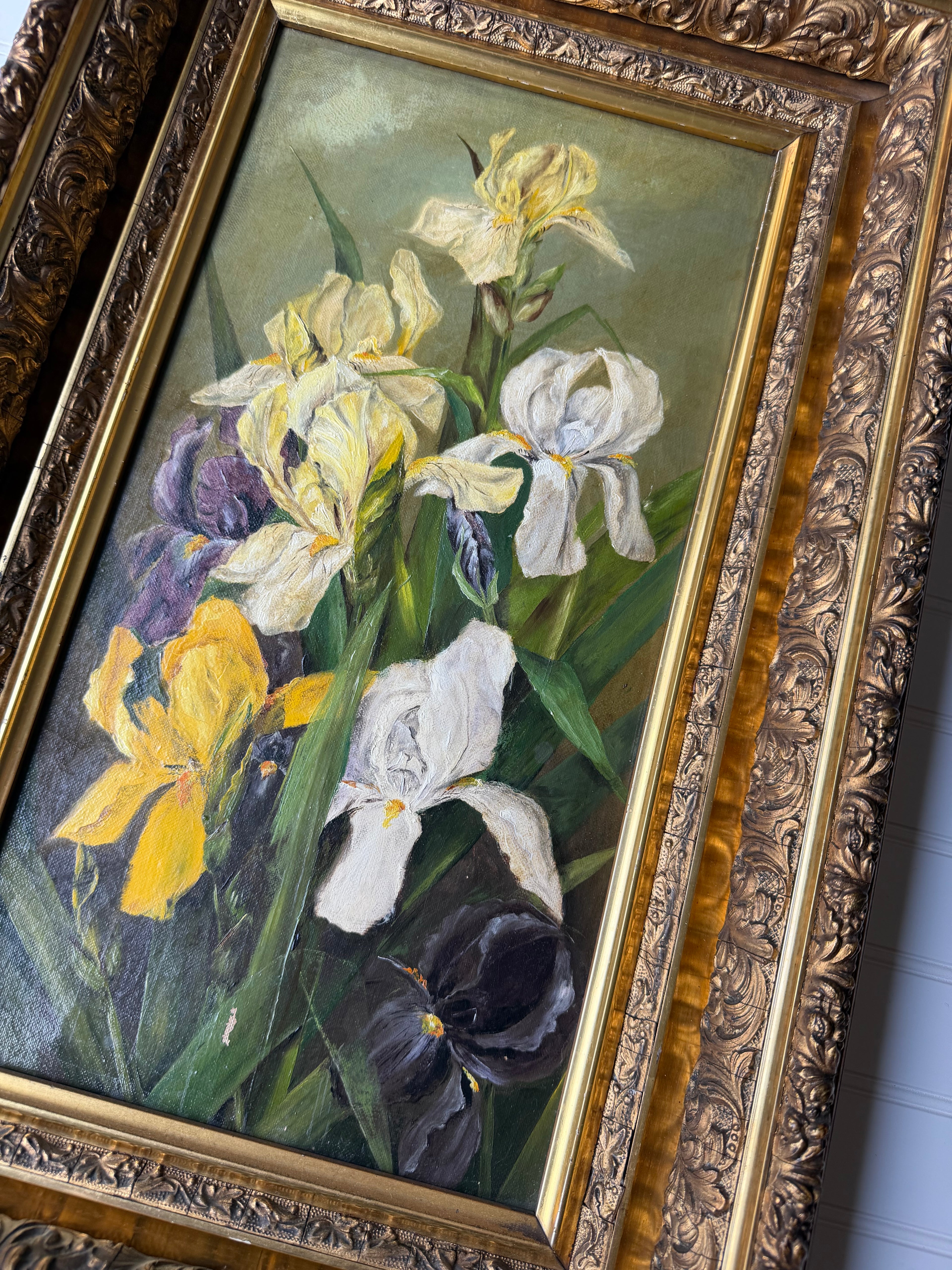 Antique Iris Oil on Canvas in Deep Guilt Frame
