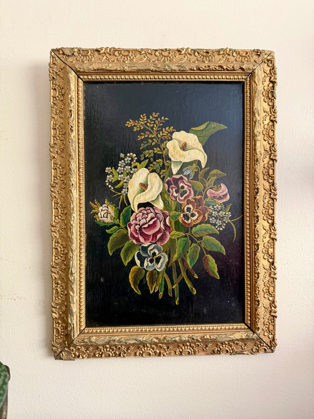 Antique Floral Painting on Wood with Lillies
