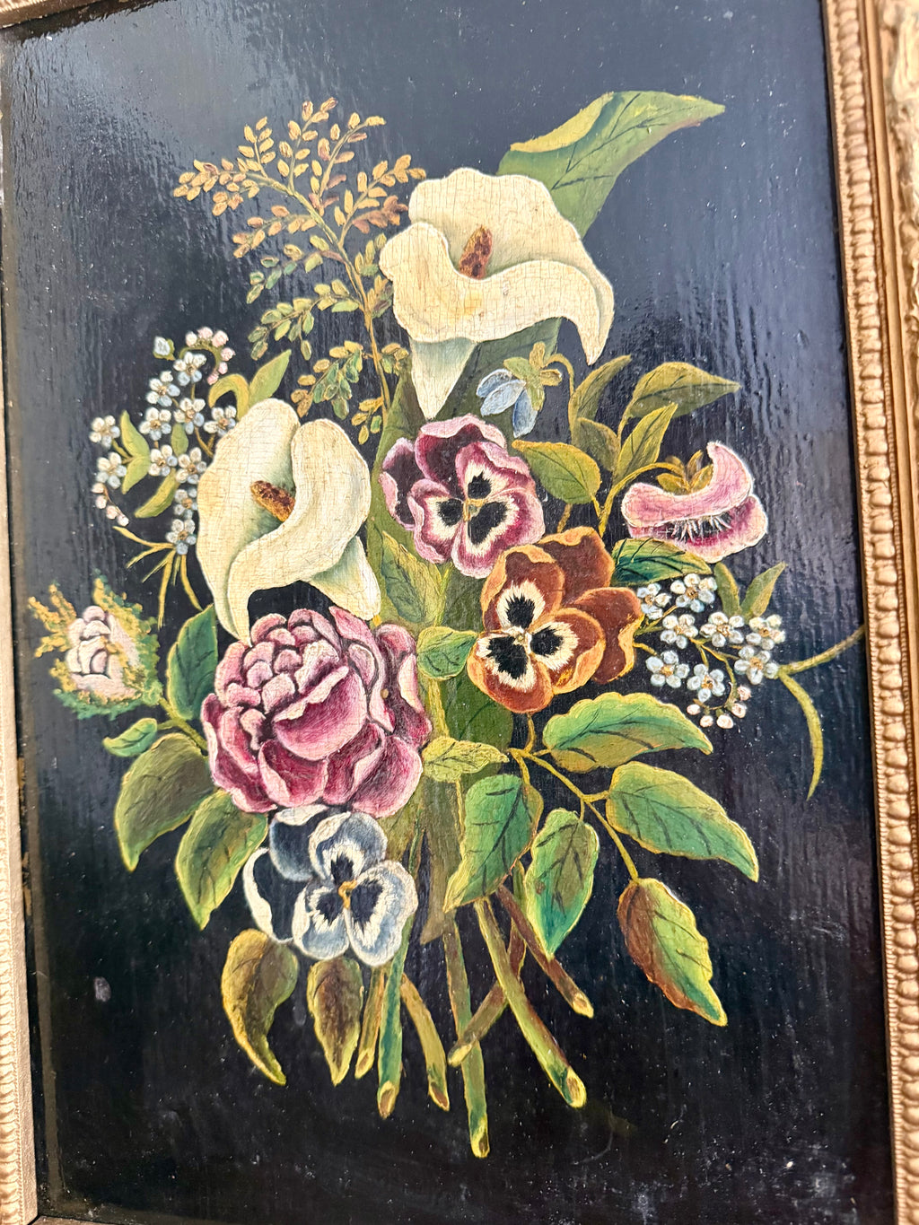 Antique Floral Painting on Wood with Lillies