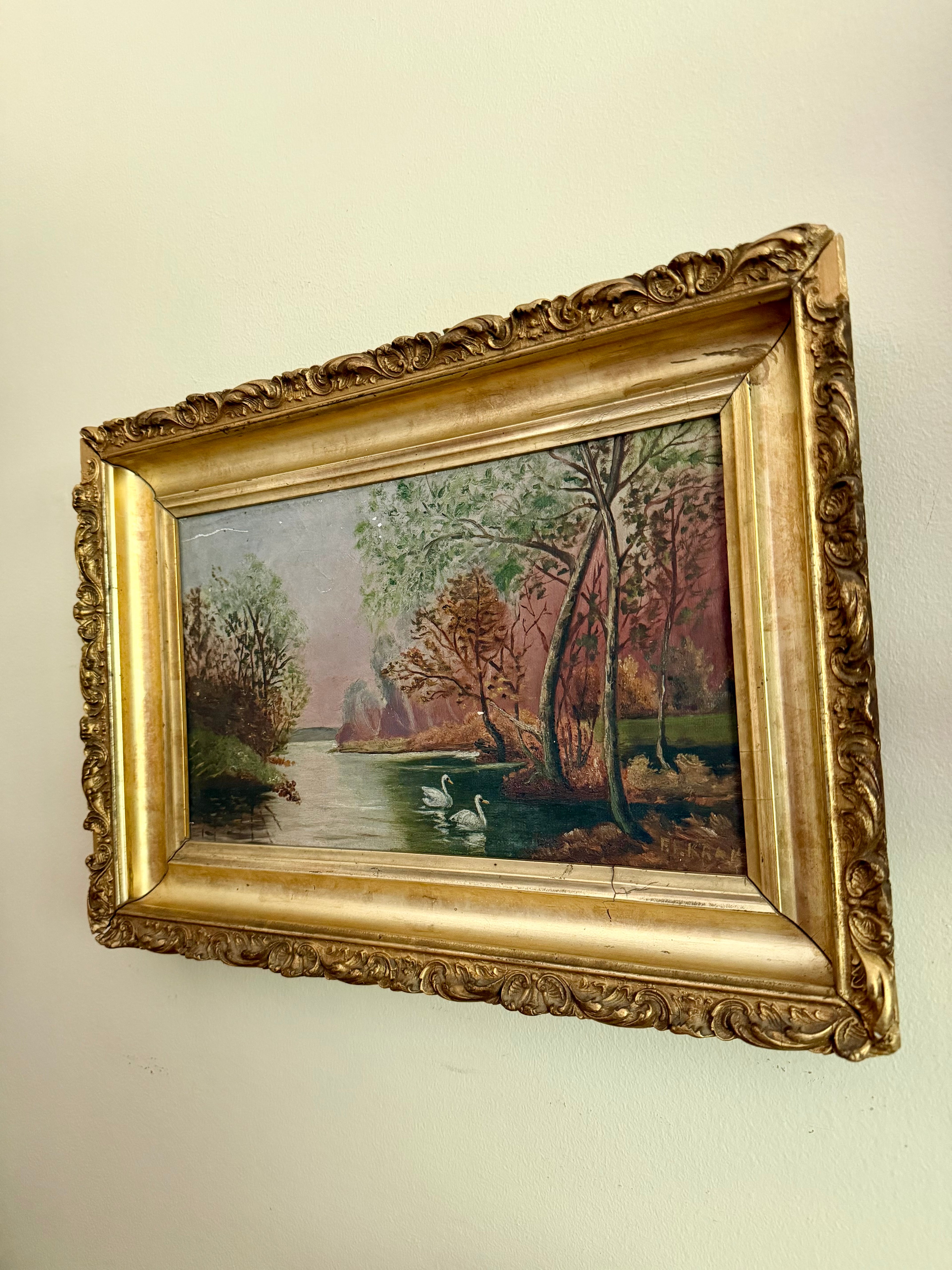 Antique River Swan Oil Painting