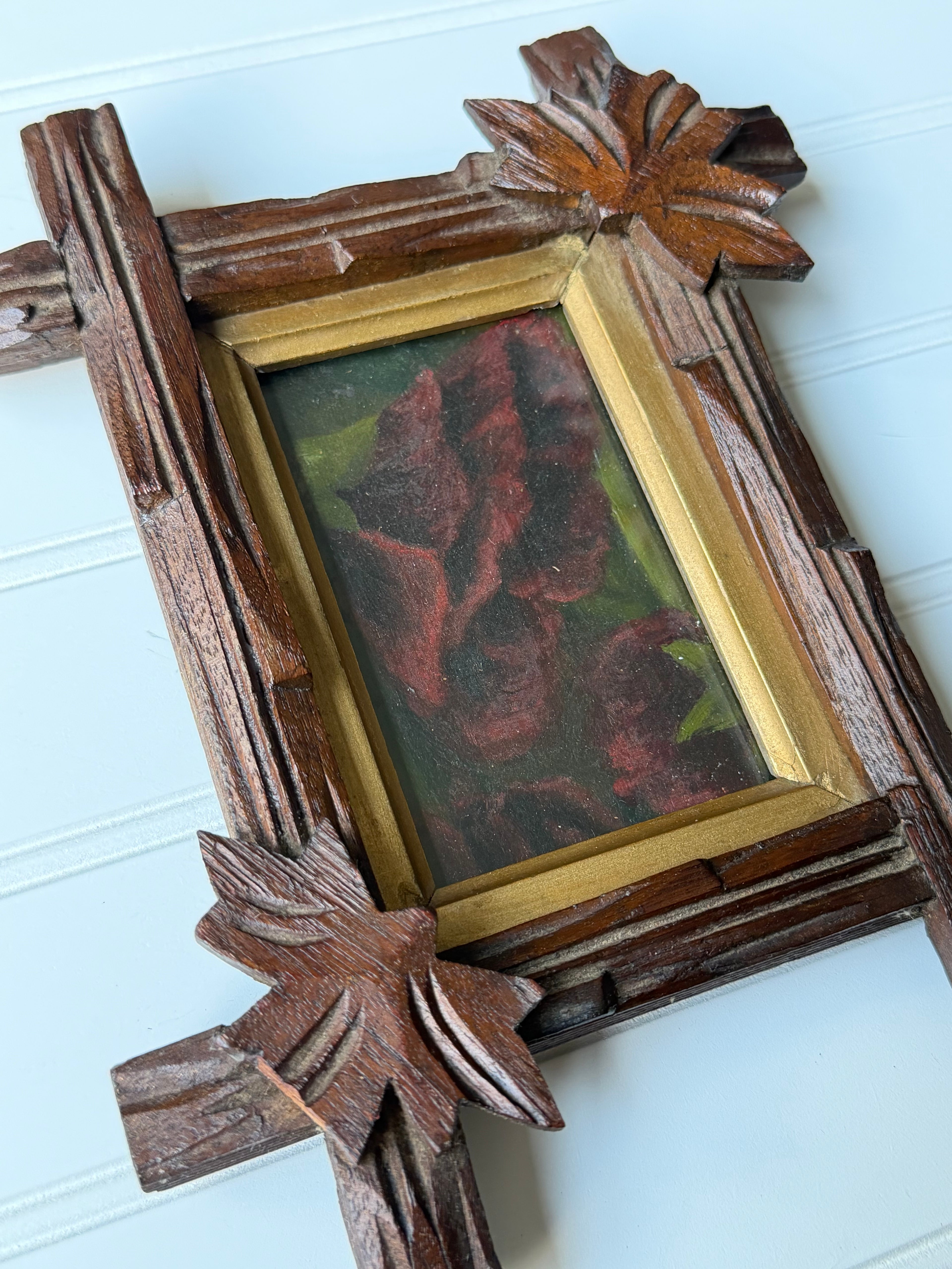 Antique Downsized Burgundy Rose Oil in Black Forest Frame