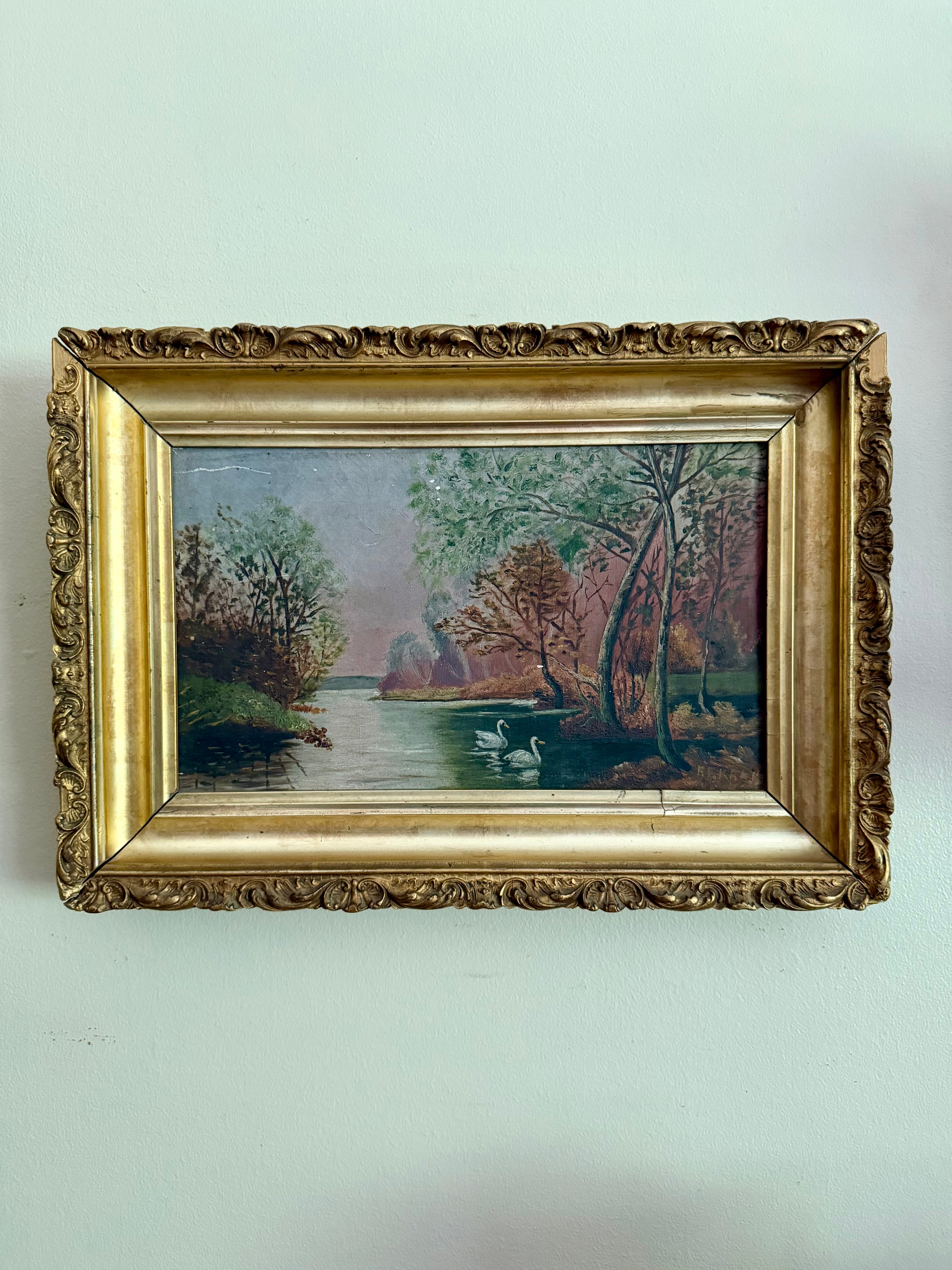 Antique River Swan Oil Painting