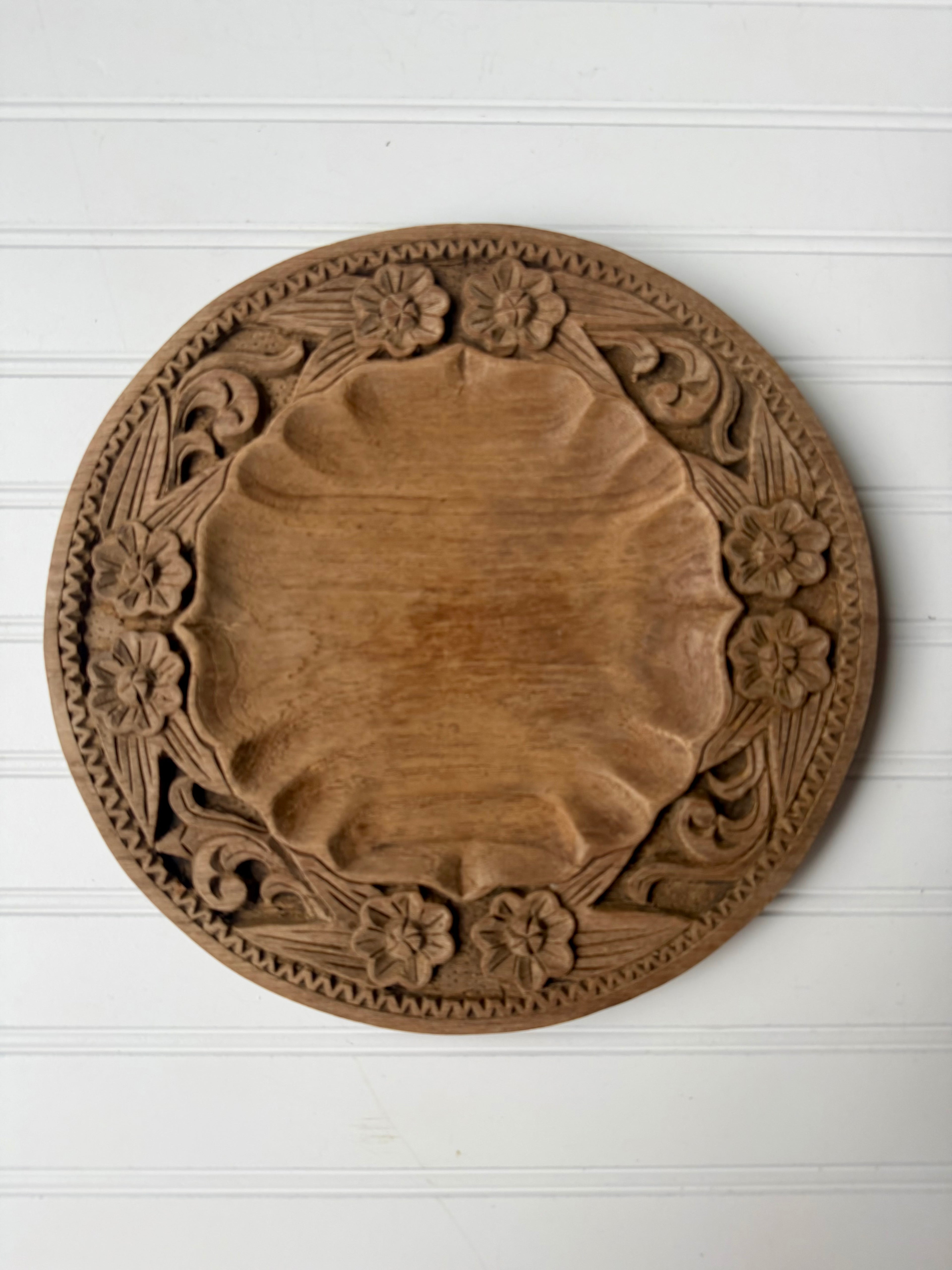 Hand-Carved Vintage Floral Platter Style Tray