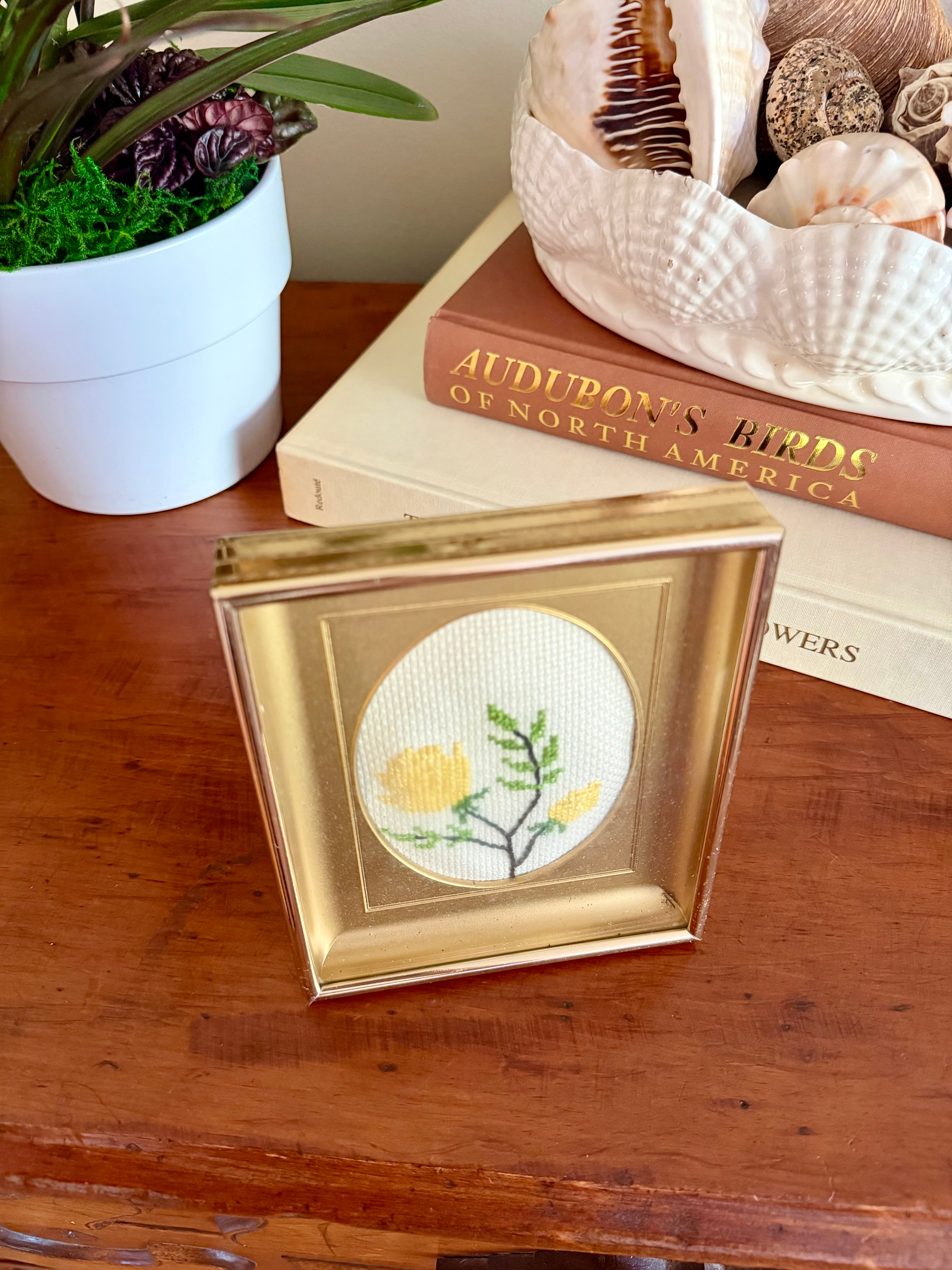 Vintage Needlepoint in Brass Frame