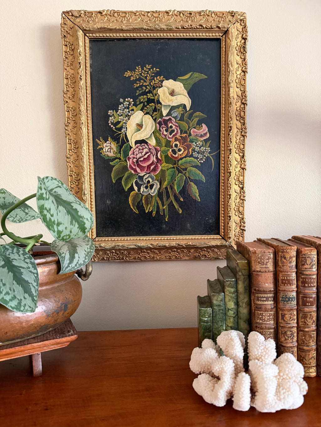 Antique Floral Painting on Wood with Lillies