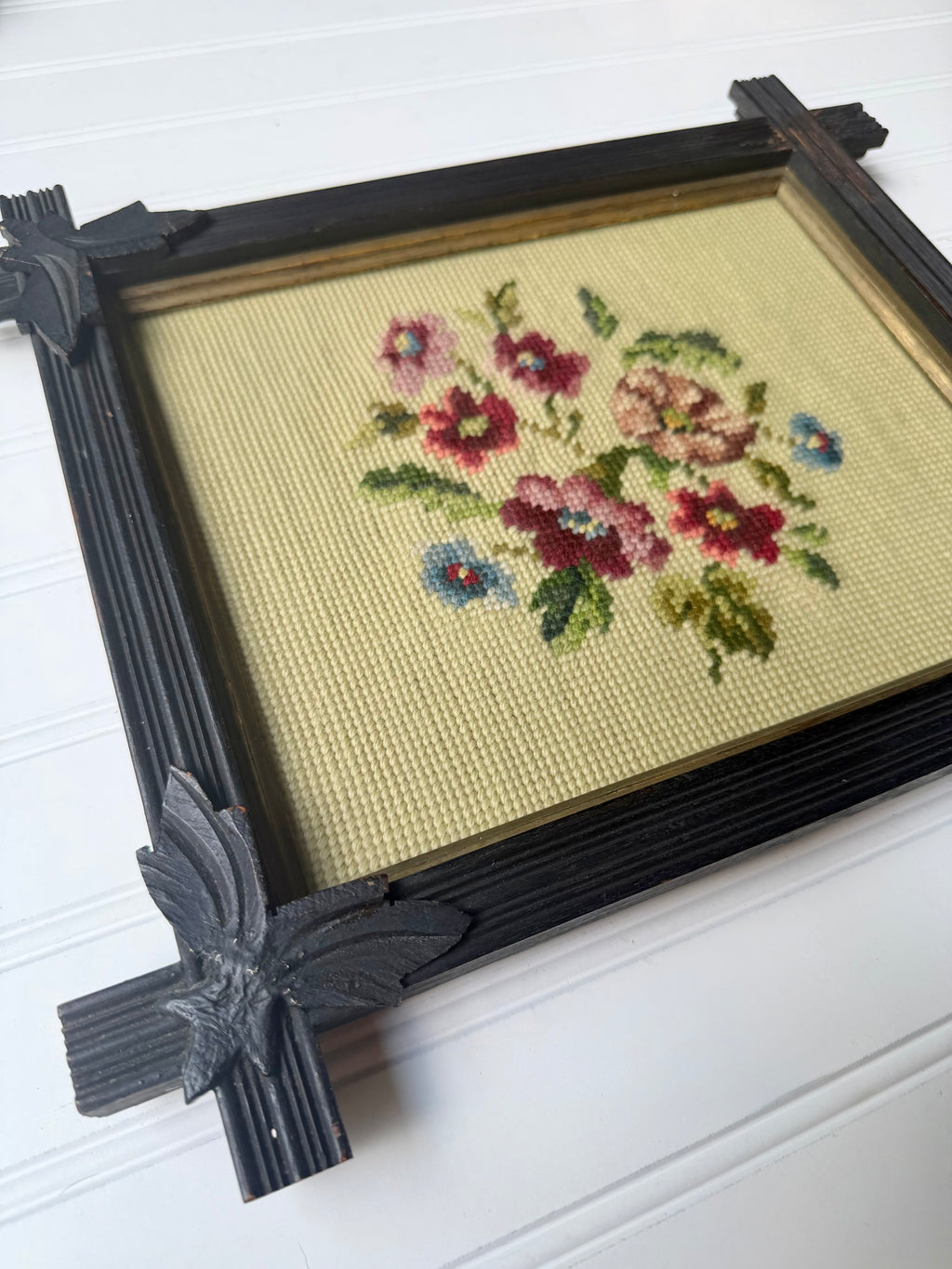 Antique Needle Work in Black Forest Frame