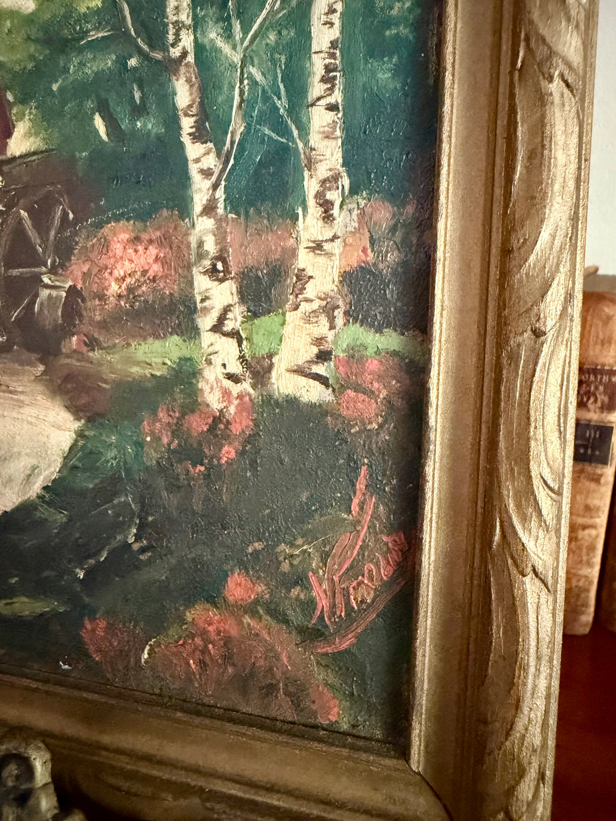 Antique Framed Oil Painting: Rustic Red Watermill Landscape with Birch Trees