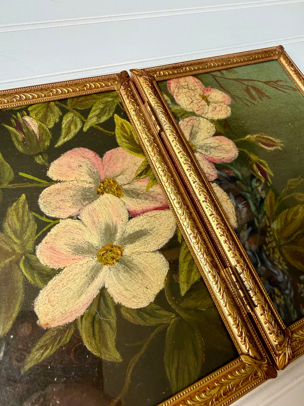 Antique Floral “Diptych Style” Oil in Brass Folding Frame