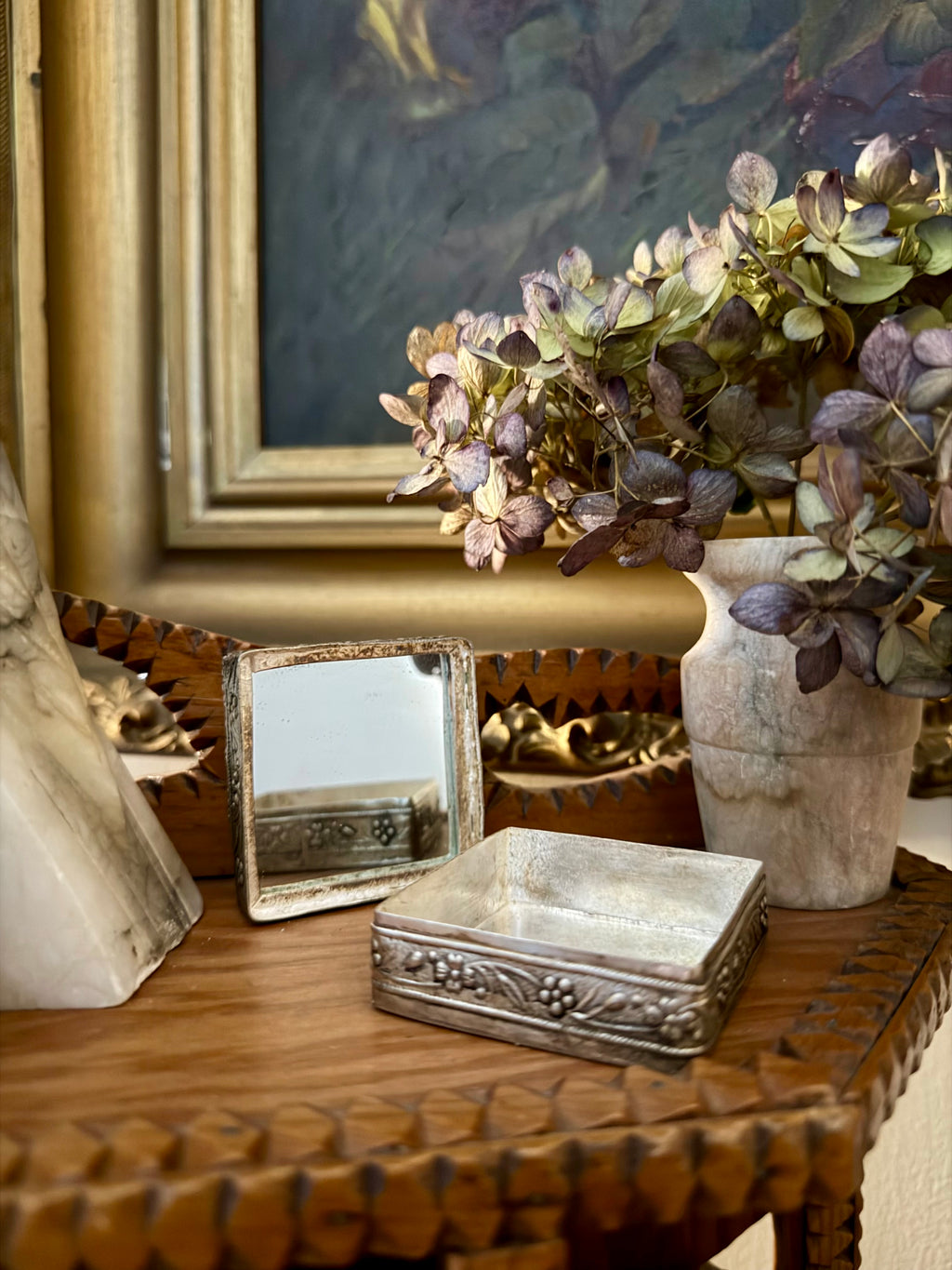 Antique Sterling Silver Floral Dresser Box with Lid Mirror